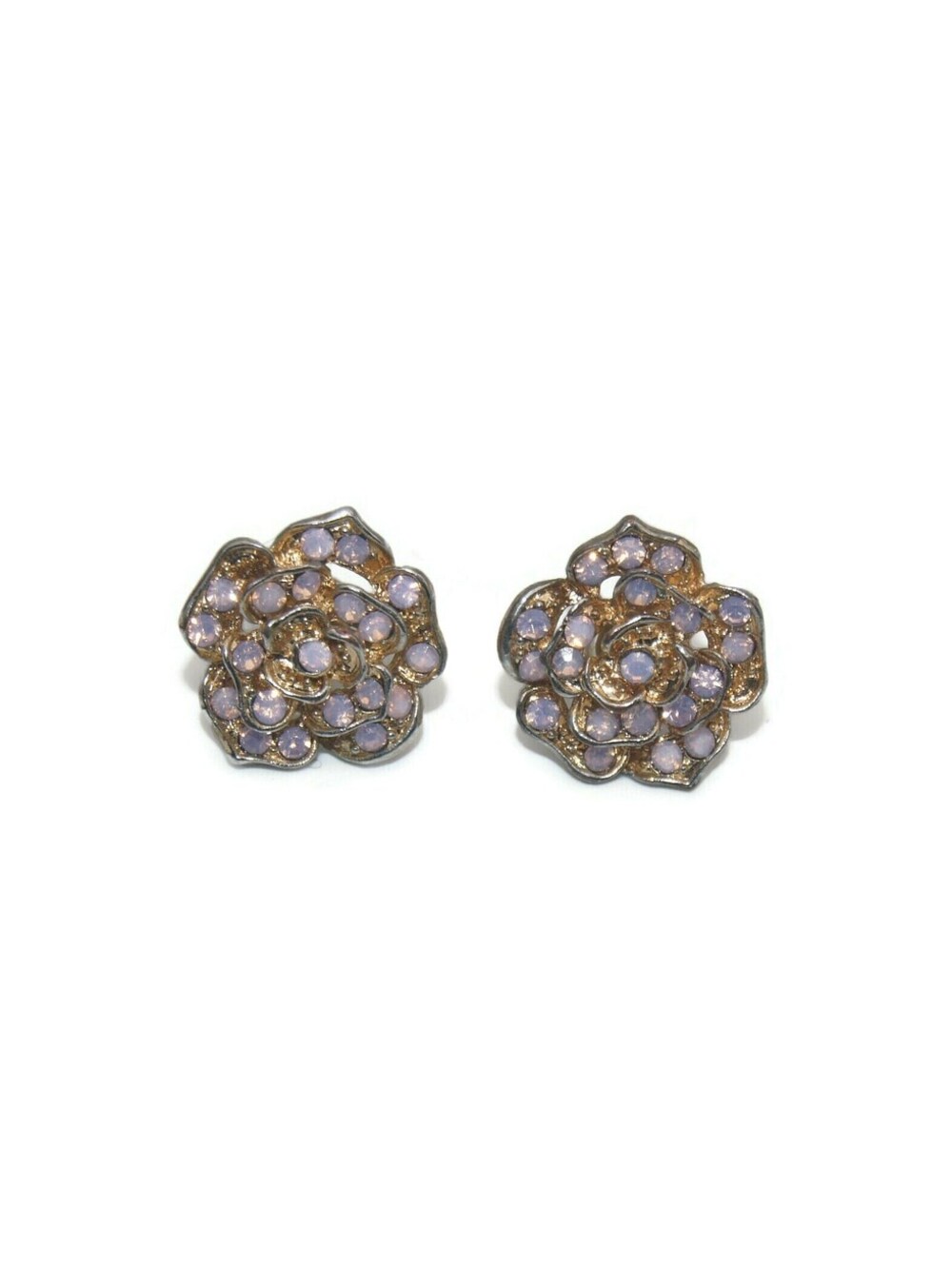 Vintage Gold Tone and Pink Rhinestones Flower Stud Earrings.